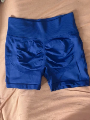 Blå seamless träningsshorts - Snygga blå seamless träningsshorts med hög midja och scrunch-detalj bak. Tillverkade i stretchigt material som sitter skönt och formar sig efter kroppen. Perfekta för gymmet eller löpning.
