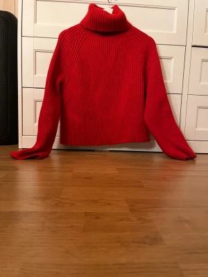 Röd ribbad polotröja - Säljer en snygg röd polotröja med ribbad struktur och lång ärm. Tröjan har en hög krage som går att vika ner och är stickad i ett mjukt material. Perfekt för kyliga dagar när du vill vara både varm och stilren.