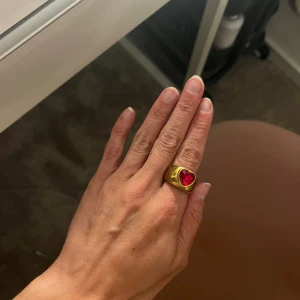 Guldfärgad ring med röd hjärtformad sten från WOS - Jättefin ring från WOS!💖 Det är den näst minsta storleken.