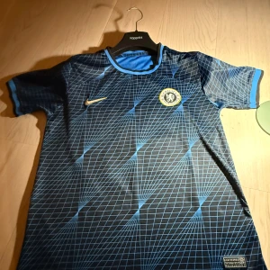 Chelsea Palmer #20 Nike fotbollströja - Chelsea FC matchtröja med Palmer #20 på ryggen. Tröjan är svart med blått rutmönster, har korta ärmar och blå detaljer vid krage och ärmslut. Nike-logga i guld på bröstet och Chelsea-märke på vänster sida. Tillverkad i lätt och ventilerande material.