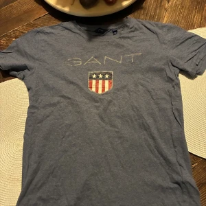 Blå GANT t-shirt med tryck - Snygg blå t-shirt från GANT med stort tryck på bröstet som visar märkesnamnet och ett sköldmotiv med stjärnor och ränder i rött, vitt och blått. Klassisk rund hals och korta ärmar. Mjuk och skön bomullskvalitet, perfekt för en chill stil.