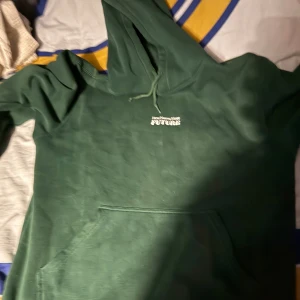 Grön hoodie med tryck Future - Säljer en mörkgrön hoodie från Future med vit text och grafiskt tryck både fram och bak. Tröjan har huva med snörning och en stor magficka. Perfekt för dig som gillar streetwear och vill ha en chill look.