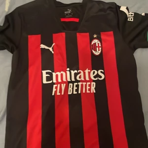 AC Milan matchtröja Puma svart/röd - AC Milan fotbollströja från Puma med klassiska svarta och röda ränder, klubbmärke på bröstet och sponsortryck. Kortärmad modell i lätt och ventilerande material. Ärmslut med italienska flaggans färger och flera Puma-loggor.