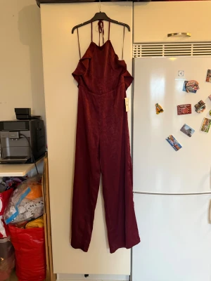 Vinröd byxdress med volangdetaljer - Säljer en vinröd byxdress med tunna axelband och snygga volangdetaljer vid axlarna. Byxdressen har vida ben och är tillverkad i ett glansigt tyg som ger en lyxig känsla. Perfekt för dig som vill sticka ut med en trendig look. Storlek 38/M. Helt nya men lappen har nog råkat ramla av. 