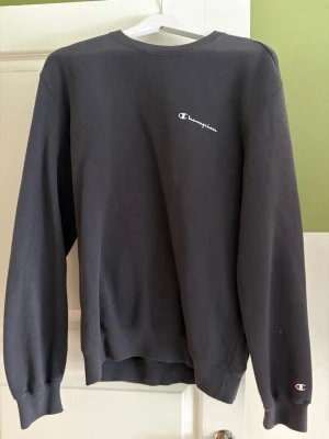 Mörkgrå sweatshirt från Champion - Mörkgrå sweatshirt från Champion i storlek L. Tröjan har rund halsringning, långa ärmar och diskret Champion-logga broderad på bröstet samt ärmslutet. 