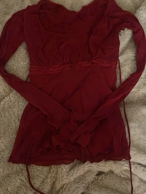 Röd mesh blus med snörning - såå söt och knappt använd                                   Vinröd och passformen är så fin                         Tröjan har ett tunt material med två lager tyg inuti, passar S eller xs                                        Säljer för att den inte kommer till användning 