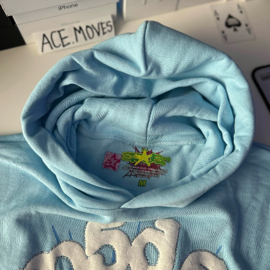 Ljusblå Sp5der hoodie med strass - 3