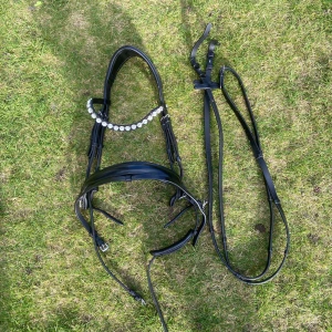 Svart dressyr träns från Hansbo ridsport - Säljer ett svart dressyr träns från Hansbo ridsport i storlek cob. Använt men i fint skick. Tyglar som ingick när jag köpte de är oanvända och de ingår även vid köp. Ny putsat. 