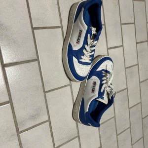 Blåvita sneakers från Fila - Snygga sneakers från Fila i blått och vitt med klassisk logga på sidan och plösen. Skorna har snörning, rund tå och platt sula. Perfekta för dig som gillar sportig och retro stil.