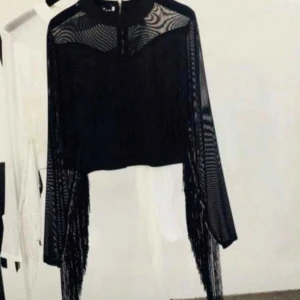 Svart blus med fransar och meshdetaljer - Säljer en svart blus med transparent mesh upptill och på ärmarna. Blusen har långa ärmar med coola fransar längs sidorna och ett snyggt mönster i meshpartiet. Perfekt för dig som gillar statement-plagg med unika detaljer.