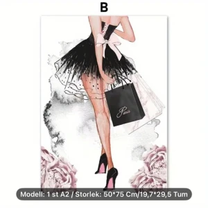 Poster - Poster med ett motiv med en tjej i en klänning med klackar som håller i en påse som är storlek 50*75 cm/19,7*29’5 Tum, Säljer för jag råkade köpa fel storlek på postern.