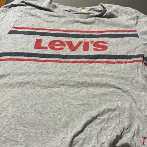 Grå Levi's t-shirt med ränder - Snygg grå t-shirt från Levi's med klassisk logga framtill. T-shirten har röda och mörkblå ränder över bröstet och är tillverkad i mjuk bomull. Perfekt för en avslappnad och cool stil.