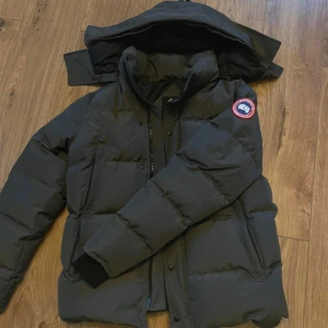 Svart dunjacka från Canada Goose - Säljer en svart dunjacka från Canada Goose med avtagbar huva och klassisk logga på ärmen. Jackan är tjockt vadderad, har dragkedja och knappar framtill samt ribbade muddar vid ärmsluten. Perfekt för kalla vinterdagar och riktigt snygg streetstil.
