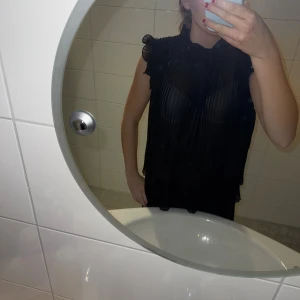 Svart plisserad blus från Zara - Säljer en svart blus från Zara i plisserat, transparent tyg med volangdetaljer vid axlar och hals. Blusen är ärmlös och har en loose passform som ger en cool och luftig look. Perfekt för dig som gillar trendiga detaljer och vill sticka ut.