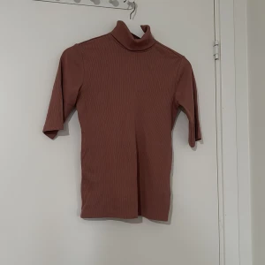 Brun ribbad polotopp med halvärm - Säljer en brun polotopp med ribbad struktur och halvärm. Toppen har en hög krage och är figurnära i modellen. Perfekt för dig som gillar stilrena och enkla plagg med lite edge. Materialet känns mjukt och stretchigt mot huden.