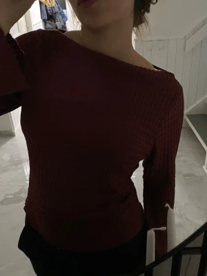 Vinröd långärmad topp med trumpetärm - Säljer en vinröd topp med lång ärm och breda trumpetärmar. Toppen har en ribbad struktur och sitter tight över kroppen. Materialet känns mjukt och stretchigt, perfekt för dig som gillar en enkel men snygg look. Färgen är djup vinröd och modellen har en rak halsringning.