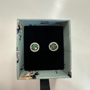 Gröna örhängen med glittrande stenar - Snygga örhängen med rund grön sten i mitten, omgiven av små gnistrande stenar i en cirkel. Perfekta för att ge din look lite extra bling. Kommer i en fin ask.