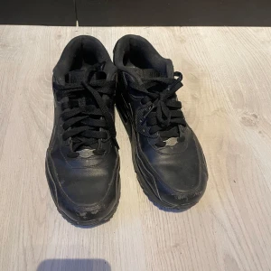 Svarta Nike Air Max sneakers - Säljer ett par helsvarta Nike Air Max sneakers med klassisk chunky sula och snygga detaljer. Skorna har snörning, rund tå och är tillverkade i skinn och syntet. Perfekta för dig som gillar streetstyle och vill ha en clean look.