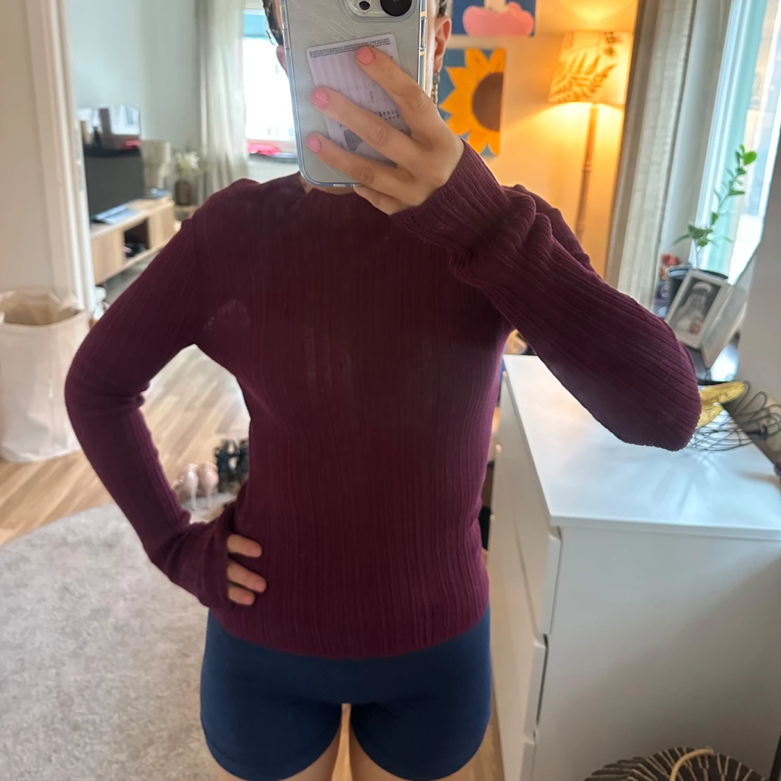 Vinröd  ribbad lätt genomskinlig långärmad tröja - 2