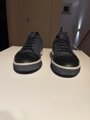 Lanvin mörkblå sneakers med croc-mönster - Säljer ett par snygga Lanvin sneakers i mörkblått med croc-mönstrad ovandel och svart tåparti. Skorna är fint skick finns inga defekter! Storleken är UK6 vilket motsvarar ungefär 41. Endast skorna med kommer vilket ger ett bättre pris.