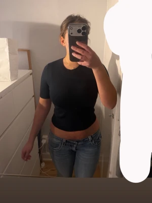 Svart croppad t-shirt - Säljer en svart croppad t-shirt med rund hals och korta ärmar. T-shirten har en tight passform och är enkel och stilren utan mönster eller tryck. Perfekt till jeans eller kjol för en clean look.
