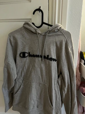 Grå hoodie från Champion, storlek L - Säljer en grå hoodie från Champion i storlek L men passar även på mig som har storlek S. Alltså är den liten i storleken.