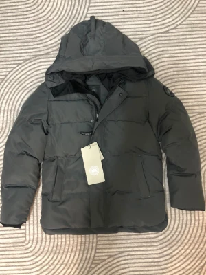 Mörkgrå pufferjacka från Canada Goose - Säljer en mörkgrå pufferjacka från Canada Goose i storlek M. Jackan har huva, dragkedja och knappar framtill, samt två sidofickor. Märkets ikoniska patch sitter på ärmen. Perfekt för kalla dagar och har en clean, modern look.