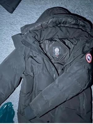 Svart dunjacka från Canada Goose - Säljer en svart dunjacka från Canada Goose med huva och klassisk logga på ärmen. Jackan har dragkedja framtill och ribbade muddar vid ärmsluten. Perfekt för kalla dagar och riktigt snygg till alla outfits.