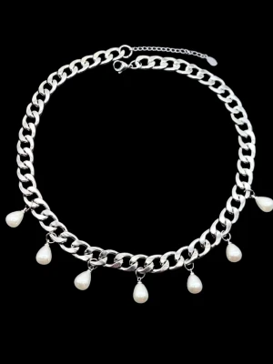 Stilfullt halsband med pärldroppar  - Material-rostfritt  stål.  Kedjetjocklek-9mm.  Bra kvalitet. 
