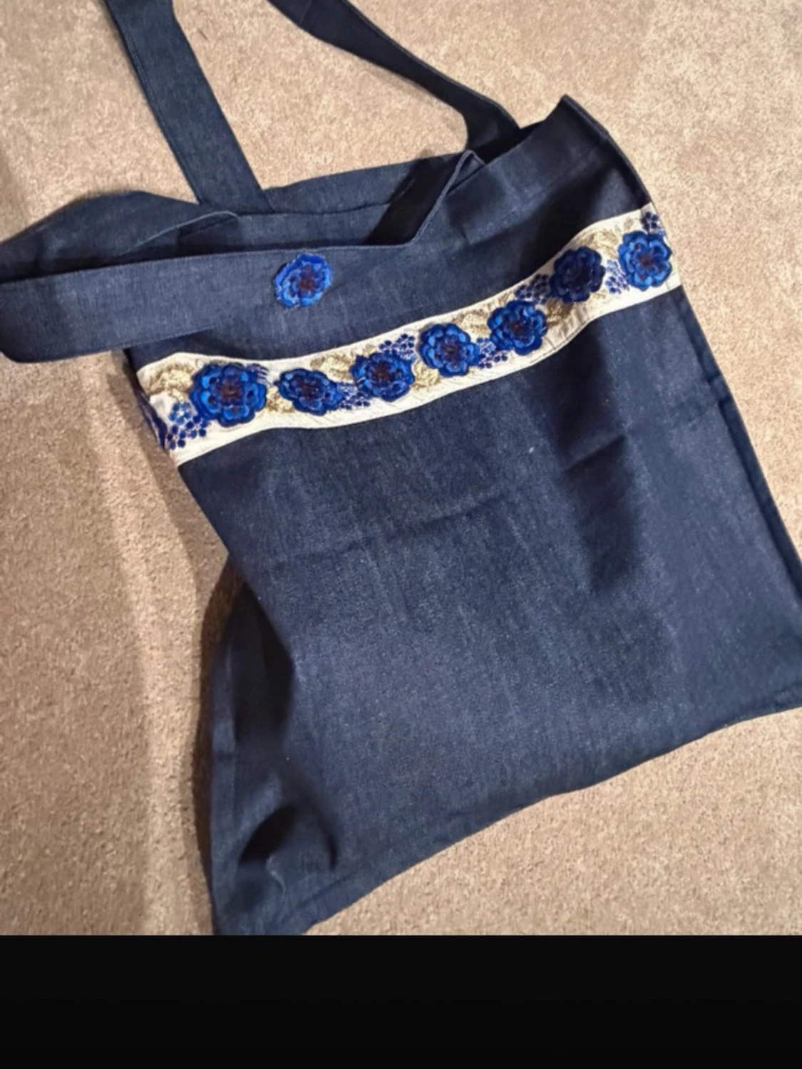 Blå shoppingväska med blommigt band - 1