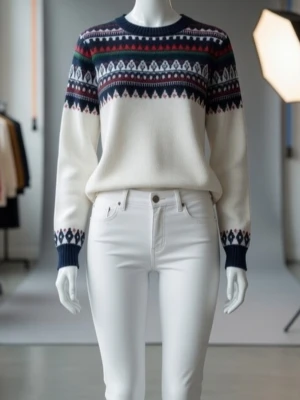 Mönstrad stickad tröja / jultröja från H&M L.O.G.G, Medium, NYSKICK - Stickad tröja / jultröja från H&M L.O.G.G. i storlek M. Tröjan är vit med flerfärgat mönster över bröst, axlar och nederkant. Rund hals och långa ärmar. Perfekt för dig som gillar klassiska vintervibbar och snygga detaljer. Nyskick, endast använd 1 gång. Felfri.