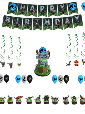 Jurassic World Dinosaurier Födelsedagsfest Dekorationer Set  - Innehåll: 1 set Dinosaurier-motiverad banner （15st banderoller, storleken 18*15cm/st）; 1 st stor stödstav till tårtan; 24 st små stödstav till tårtan; 6 st hängflaggor; 18 st ballonger. （#678-682）