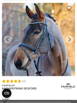 Svart aachenträns från Fairfield - Säljer ett svart aachenträns från Fairfield, modell Desford. Tränset är gjort i läder och har silvriga spännen. Passar perfekt till ridning och har en stilren design med nosgrimma och pannband. Använt fåtal gånger. Storlek full. 