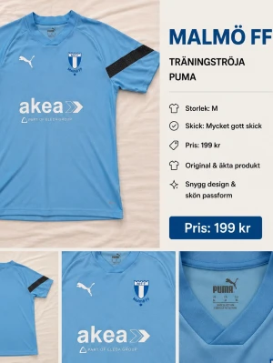 Malmö FF träningströja från Puma - Ljusblå träningströja från Puma med Malmö FF-logga på bröstet och vit sponsorlogga framtill. Tröjan har en svart detalj på ena ärmen och V-ringad hals. Tillverkad i lätt och funktionellt material för sport och träning.