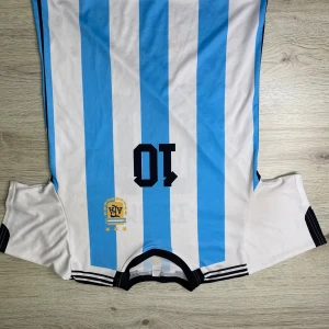 Argentina fotbollströja blåvit - Säljer en klassisk Argentina fotbollströja med blå och vita vertikala ränder, svart nummer 10 på bröstet och AFA-logga i guld. Tröjan har svarta detaljer vid krage och ärmslut. Perfekt för dig som älskar fotboll och vill representera Argentina.