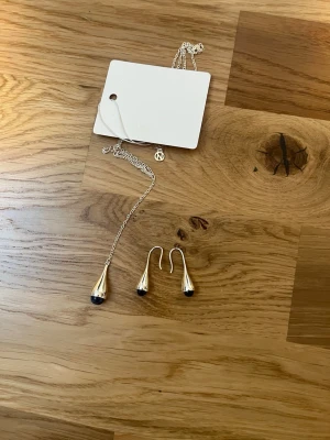 Silverörhängen med mörka pärlor och matchande halsband - Säljer ett par eleganta örhängen i silverfärg med droppformad design och mörka pärlor i botten. De har ett matchande halsband som säljs till. Båda är oanvända 