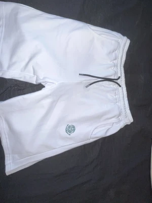 Vita shorts med snörning från Les Deux - Säljer ett par vita shorts från Les Deux med svart snörning i midjan och broderad logga på ena benet. Shortsen har elastisk midja, sidofickor och en bakficka. Perfekta för en avslappnad och stilren look.