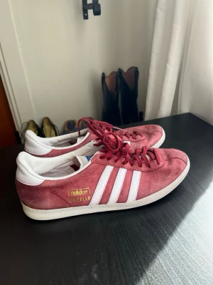 Adidas Gazelle vinröda sneakers - Säljer ett par vinröda Adidas Gazelle sneakers med klassiska vita ränder och vit sula. Skorna har guldfärgad logga på sidan och vita detaljer vid häl och plös. Perfekta för dig som gillar retrostil och vill ha något som sticker ut. Har nåra märken från anvendning, se bilder. Str 42, men småa i storleken