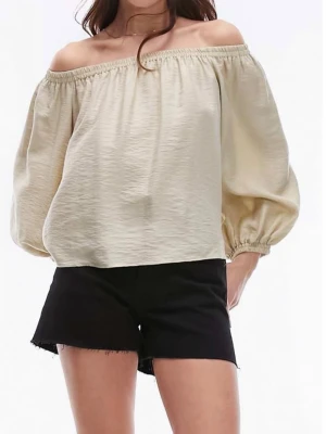 Offshoulder blus - Snygg  offshoulder blus med bred resår upptill och puffiga långa ärmar. Luftigt material som känns lätt och skönt mot huden. Perfekt för dig som vill ha en trendig och avslappnad look till sommaren! Endast provad! Grönbegige färg❣️