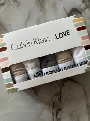 Calvin Klein kalsonger 5-pack - Säljer ett 5-pack kalsonger från Calvin Klein i färgerna vit, beige och grå. Klassisk brief-modell med vit resår och logga runt midjan. Tillverkade i mjukt och stretchigt material för skön passform. Perfekt basplagg för garderoben.