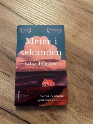Meter i sekunden av Stine Pilgaard - Romanen 'Meter i sekunden' av Stine Pilgaard har ett färgstarkt omslag med en dramatisk himmel i blått och rosa samt ett ensamt hus vid havet. Boken är tryckt på papper och ges ut av Modernista. Perfekt för dig som gillar samtida skönlitteratur.