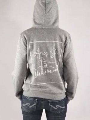 Grå hoodie med tryck från Après Ski - Säljer en grå hoodie med vit tryck på ryggen som föreställer berg, skidlift och texten 'Après Ski'. Hoodien har huva och är tillverkad i mjukt material, perfekt för att chilla efter skidåkning eller hänga med kompisar.