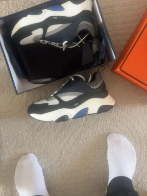 B22 - Säljer ett par chunky Dior sneakers i svart, vitt och blått. Skorna har en modern och sportig design med meshpaneler och kraftig sula. Snygga detaljer och coola kontraster gör dem till ett statement-piece för din outfit.