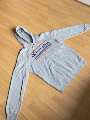 Champion hoodie grå strl L - Grå hoodie från Champion med stort logo-tryck framtill i rött, blått och mörkblått. Bekväm passform med magficka och justerbar huva. Storlek L och sitter snyggt oversized. Bra skick och passar perfekt till vardag/streetwear.  Modellen på bilden är ca 185 cm lång och väger ca 78 kg för referens.