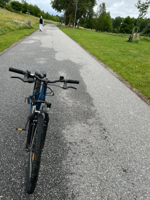 Blå mountainbike med grova däck - Säljer en blå mountainbike med grova däck och svart styre. Cykeln har framgaffel med stötdämpare och reflexer på hjulen. Perfekt för dig som gillar att cykla i terräng eller på asfalt. Ram och detaljer i metall.