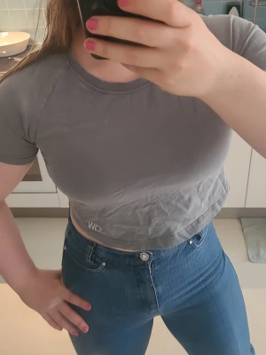 Grå croppad t-shirt från ICIW - Säljer en grå croppad t-shirt från ICIW med korta ärmar och rund halsringning. Perfekt till jeans eller träningstights. Enkel och stilren design med liten logga nedtill.