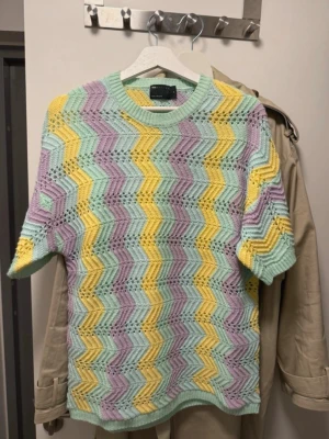 Pastellfärgad stickad tröja ASOS - Säljer en stickad tröja från ASOS DESIGN i pastellfärger med zickzackmönster i mintgrönt, gult och lila. Tröjan har korta ärmar, rund halsringning och är tillverkad i ett luftigt stickat material. Perfekt för dig som gillar färg och retrovibbar!