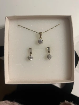 Guld halsband och örhängen med stenar - Säljer ett set med halsband och örhängen i rostfritt guld med gnistrande, klara stenar. Halsbandet har en tunn kedja och en rund sten i fattning, örhängena matchar med liknande stenar och en extra detalj upptill. Perfekt för dig som gillar klassiska smycken med lite bling. De har några defekter som man kan se på andra bilden.🩷