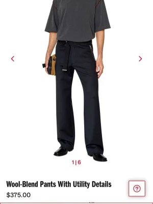 Diesel "P-GOLD" Black Tailored Wide-LegTrousers (Size W32) - Luxurious Wool-Blend Y - authentic, high-end pair of Diesel "P-GOLD" trousers in washed black. Features an incredible wide-leg / relaxed straight silhouette, perfect for Archive, Opium, or Dark Casual aesthetics. Model: P-GOLD (Cod. A06687 | Art. OJKKP) Waist: adjustable 40-46cm Length: 116 cm Inseam: 86 cm Hem: 26 cm 
