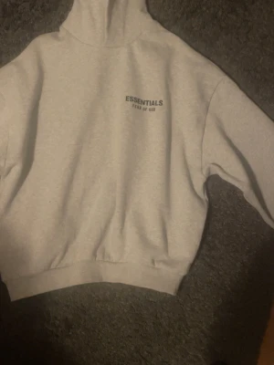 Ljusgrå Essentials Fear of God hoodie - Snygg grå hoodie från Essentials Fear of God med svart logga på bröstet och stor text på ryggen. Klassisk passform med huva och ribbade muddar. Perfekt för en avslappnad streetwear-look. Använd 1 gång 